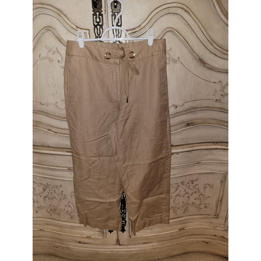 Ivanka Trump Tan Herringbone Linen Blend Cropped Drawstring Pants Size 4
